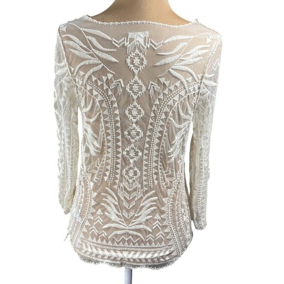 Xhilaration Sheer Lace Top Scoop Neck Long Sleeve XS Extra Small Cream - Picture 3 of 5